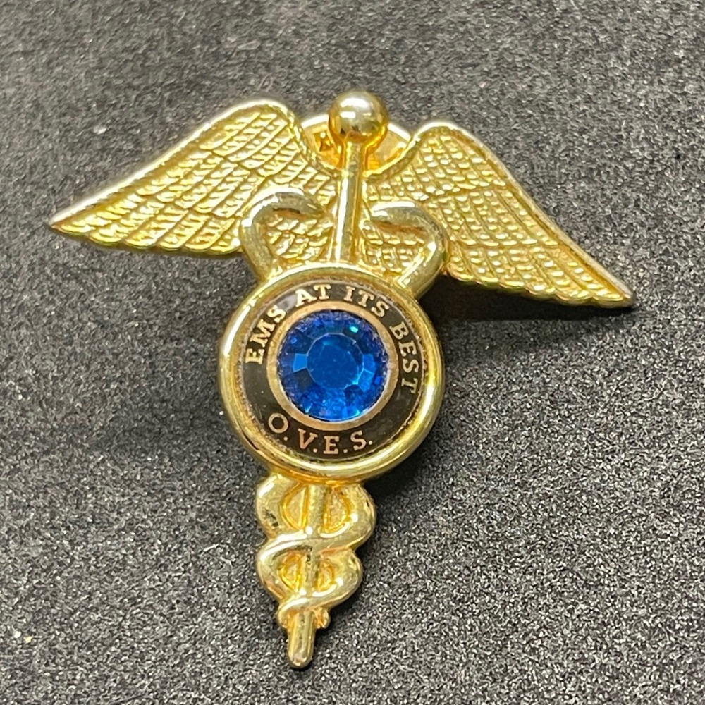 EMS At Its Best O.V.E.S. Caduceus Lapel Pin Gold Tone Blue Rhinestone Medical
